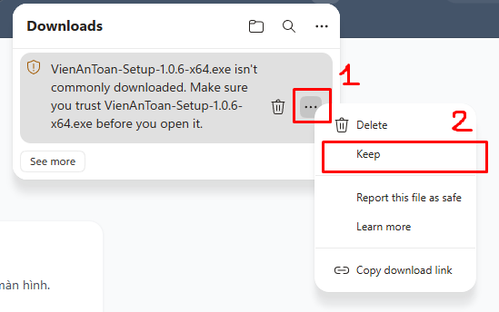 Edge báo tệp “ít người tải” — bấm dấu ⋯ rồi chọn Keep